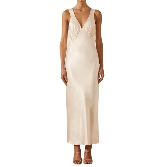 House of Harlow 1960 V-Neck Plunge Satin Ivory Maxi Dress